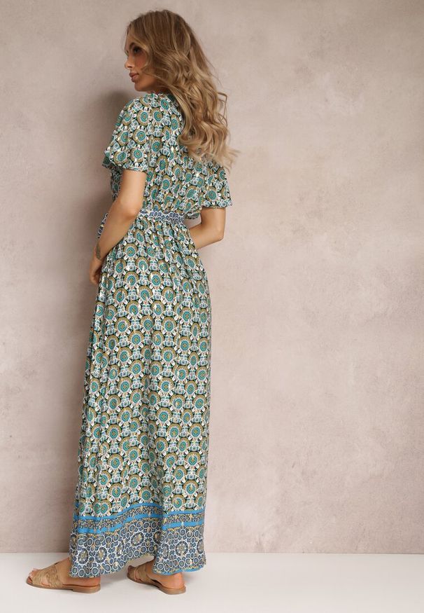 Renee - Miętowo-Zielona Sukienka Maxi z Paskiem i Gumką w Talii w Ornamentalny Wzór Calvim. Kolor: miętowy. Długość: maxi