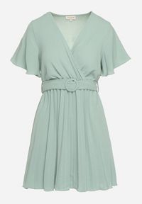 Born2be - Miętowa Sukienka Plisowana z Kopertowym Dekoltem Zamiya. Kolor: miętowy. Materiał: materiał. Długość rękawa: krótki rękaw. Typ sukienki: kopertowe #2