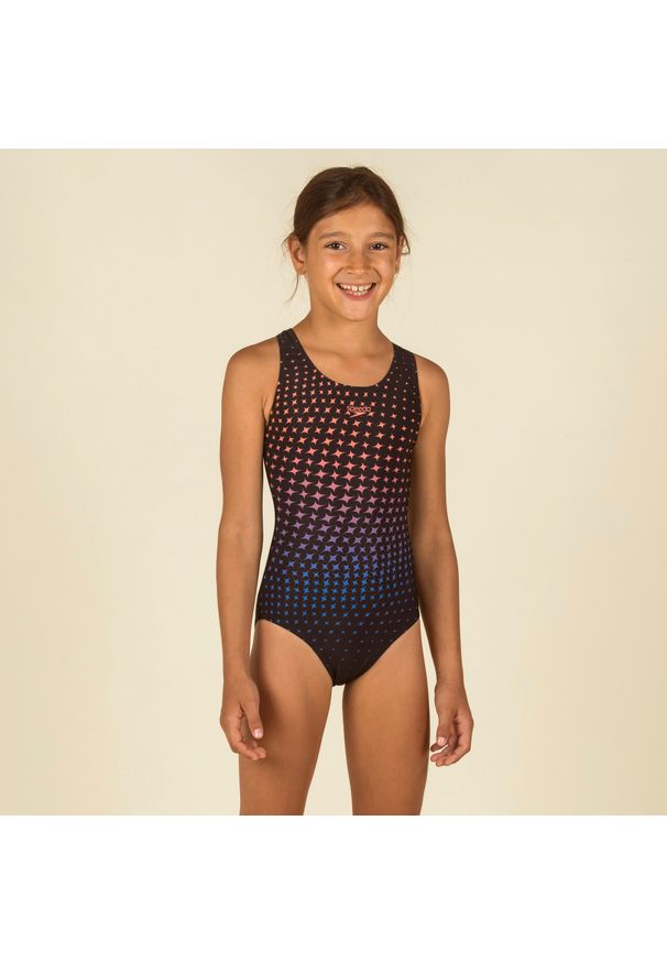 Strój jednoczęściowy pływacki dla dzieci Speedo Splashback. Kolor: wielokolorowy, pomarańczowy, niebieski, czarny. Materiał: materiał, poliester