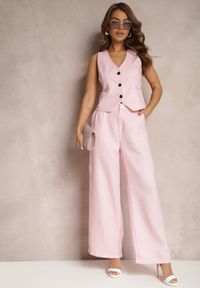 Renee - Różowe Spodnie Szerokie Garniturowe High Waist Tamarixia. Stan: podwyższony. Kolor: różowy. Materiał: tkanina. Sezon: lato #1