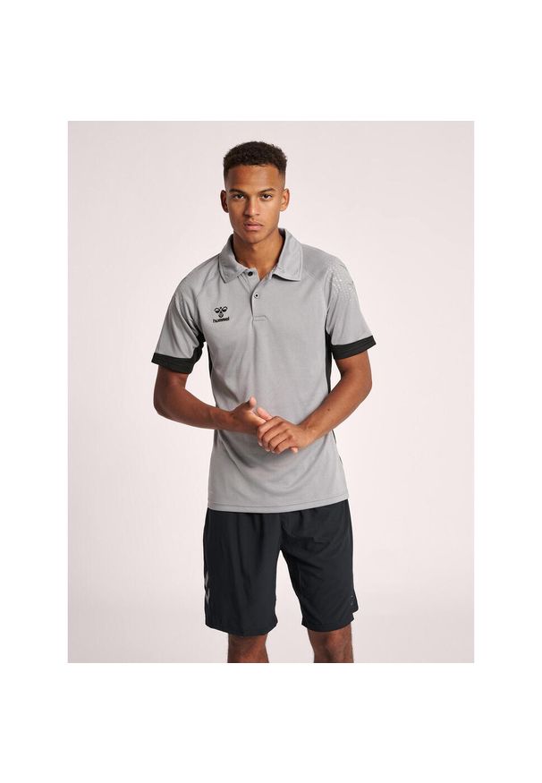 Polo Hummel Lead Functional. Typ kołnierza: polo. Kolor: szary. Materiał: dzianina, tkanina, prążkowany. Wzór: aplikacja, nadruk. Styl: elegancki