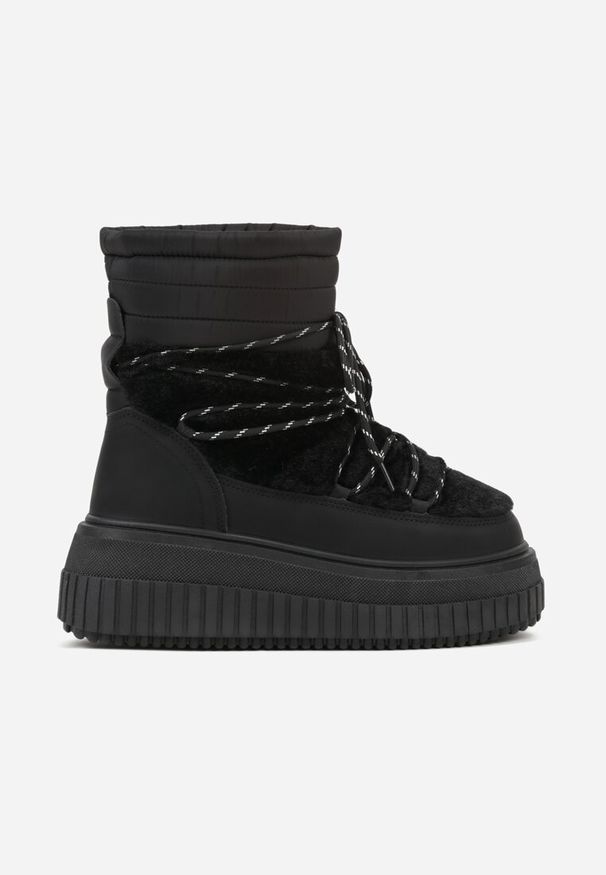 Renee - Czarne Śniegowce na Platformie z Tłoczeniem Ozdobione Futerkiem i Pikowaniem Adallie. Okazja: na co dzień. Kolor: czarny. Materiał: futro. Wzór: aplikacja. Obcas: na platformie. Styl: casual, elegancki