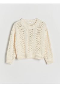 Reserved - Ażurowy sweter - złamana biel. Materiał: bawełna, dzianina. Wzór: ażurowy