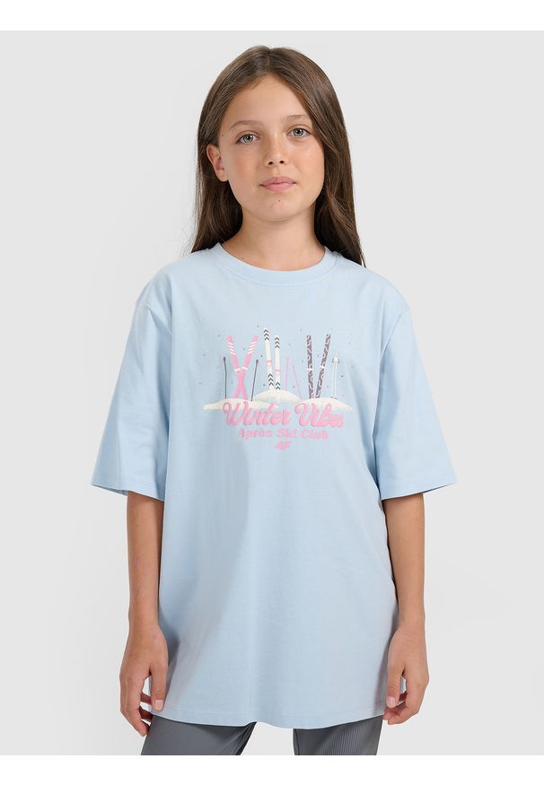 4f - 4F T-shirt loose z nadrukiem dziewczęcy - niebieski 146/152 (10-12 lat). Okazja: na co dzień. Kolor: niebieski. Materiał: bawełna, materiał. Wzór: nadruk. Sezon: lato. Styl: casual