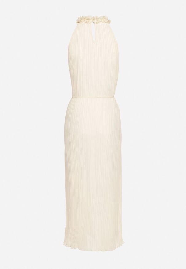 Born2be - Jasnobeżowa Sukienka z Ozdobnymi Aplikacjami i Dekoltem Halter z Materiałowym Paskiem Dimnatti. Okazja: na co dzień. Typ kołnierza: dekolt halter. Kolor: beżowy. Materiał: materiał. Wzór: aplikacja. Styl: casual, klasyczny