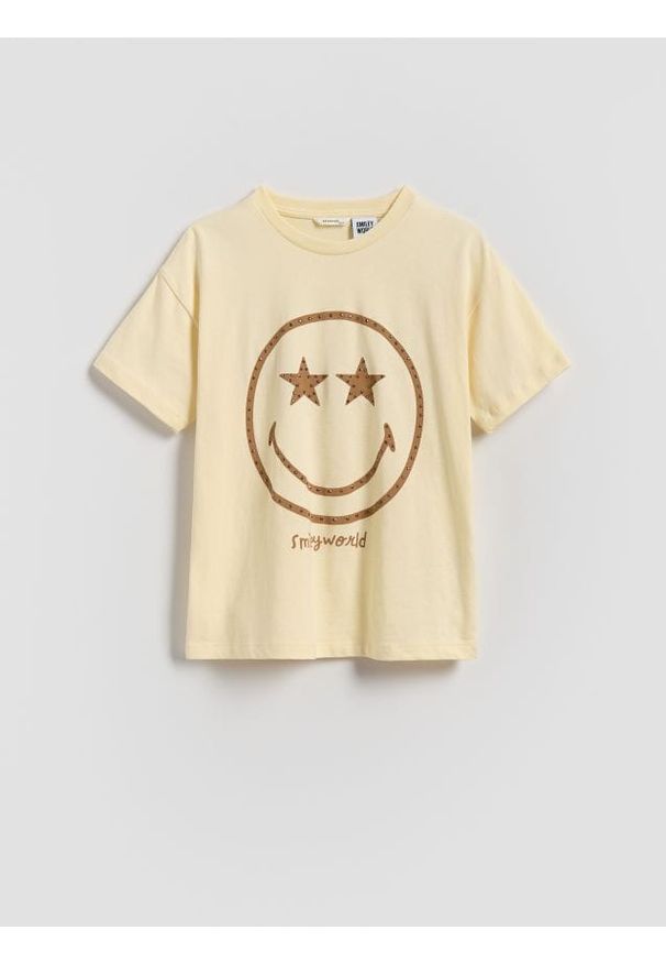 Reserved - T-shirt SmileyWorld® - beżowy. Kolor: beżowy. Materiał: bawełna
