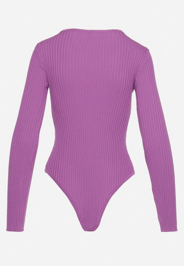 Born2be - Fioletowe Body Prążkowane z Wycięciem na Dekolcie Volfi. Kolor: fioletowy. Materiał: prążkowany. Styl: klasyczny