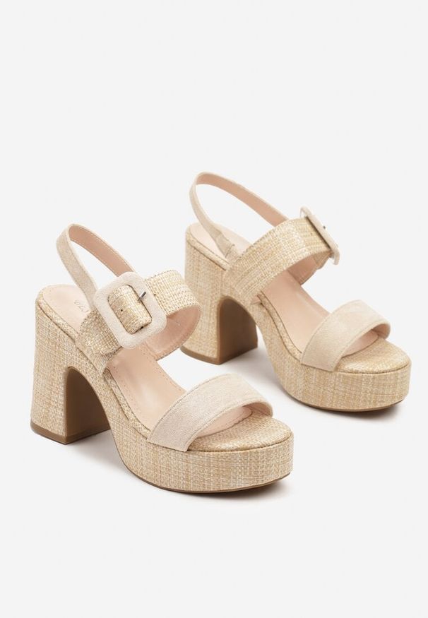 Born2be - Beżowe Sandały na Słupku z Klamerką i Tweedowym Wzorem Marilse. Okazja: na co dzień, na imprezę. Kolor: beżowy. Materiał: jeans. Obcas: na słupku. Styl: elegancki, casual