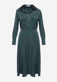 Born2be - Zielona Rozkloszowana Sukienka o Koszulowym Kroju z Imitacją Kieszeni i Gumką w Talii Rizza. Okazja: na co dzień. Kolor: zielony. Typ sukienki: koszulowe. Styl: casual, elegancki, klasyczny, wizytowy #3