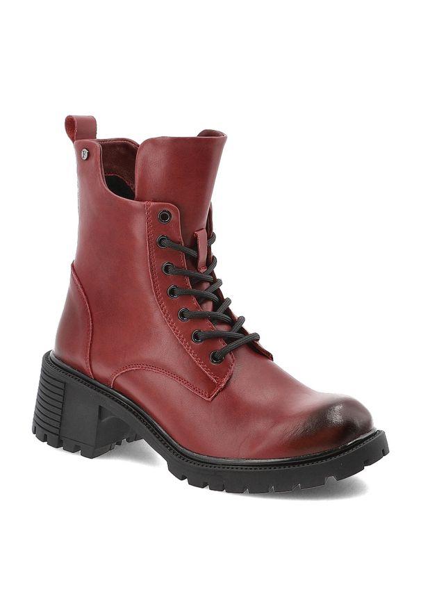 Czerwone Botki Filippo Skórzane Obuwie Damskie. Okazja: na co dzień. Zapięcie: sznurówki. Kolor: czerwony. Materiał: skóra. Szerokość cholewki: normalna. Obcas: na obcasie. Styl: casual, rockowy. Wysokość obcasa: średni