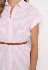 Born2be - Różowa Bawełniana Sukienka Koszulowa z Krótkim Rękawem i Paskiem w Talii Nulefia. Kolor: różowy. Materiał: bawełna. Długość rękawa: krótki rękaw. Typ sukienki: koszulowe. Styl: klasyczny, elegancki #3