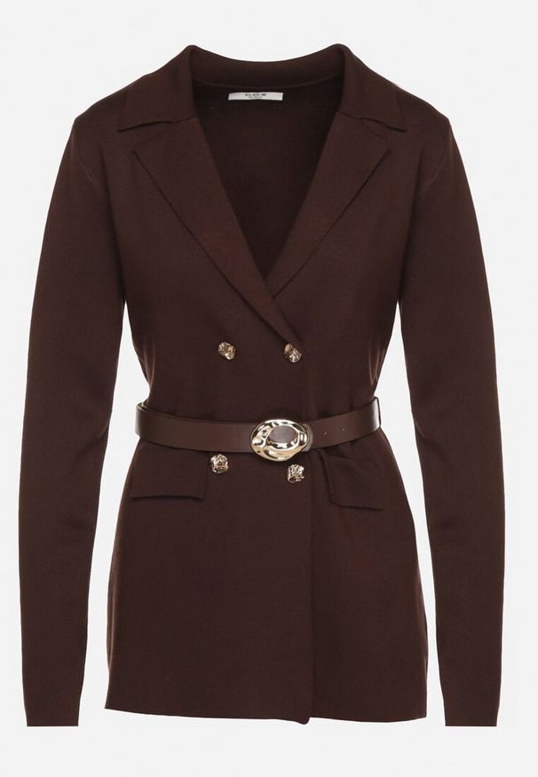 Born2be - Brązowy Kardigan z Wiskozą na Guziki Ozdobiony Paskiem z Metaliczną Klamrą Sallinatia. Okazja: na co dzień. Kolor: brązowy. Materiał: wiskoza. Wzór: aplikacja. Styl: casual, elegancki