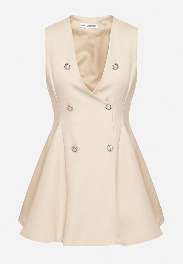 Born2be - Beżowa Sukienka Rozkloszowana Ozdobiona Guzikami Pallisna. Kolor: beżowy. Materiał: materiał. Wzór: aplikacja. Typ sukienki: rozkloszowane. Styl: elegancki, klasyczny