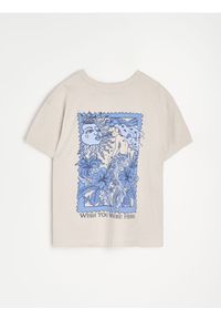 Sinsay - Bawełniana koszulka z nadrukiem na plecach - beżowy. Kolor: beżowy. Materiał: bawełna. Wzór: nadruk #1
