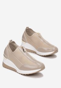 Born2be - Beżowe Sneakersy na Niskim Koturnie z Ozdobnym Zamkiem Malios. Zapięcie: zamek. Kolor: beżowy. Materiał: materiał. Obcas: na koturnie #4