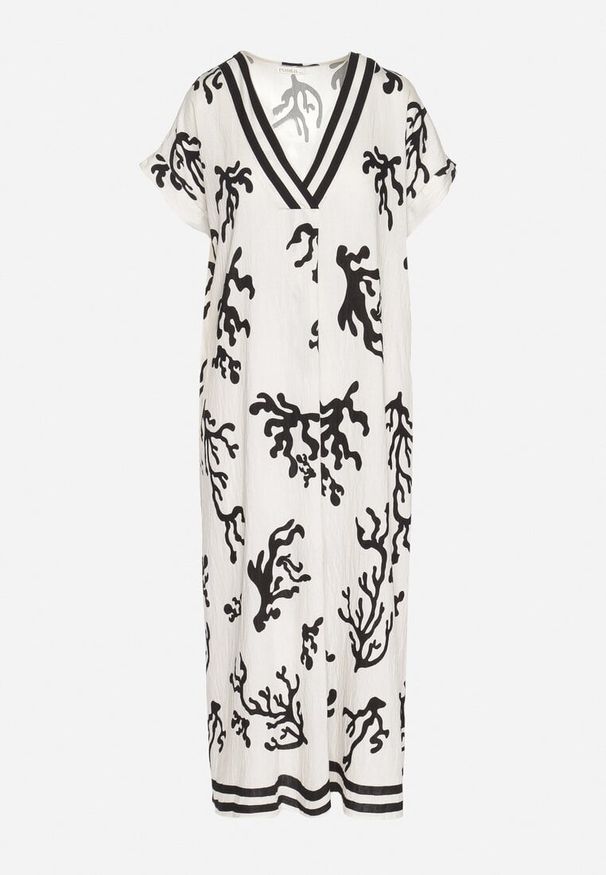 Born2be - Czarno-Beżowa Sukienka z Lnem i Wiskozą o Pudełkowym Kroju Sadirene. Okazja: na co dzień, na spotkanie biznesowe. Kolor: czarny. Materiał: len, wiskoza. Wzór: kwiaty. Sezon: wiosna, lato. Styl: casual, elegancki, biznesowy