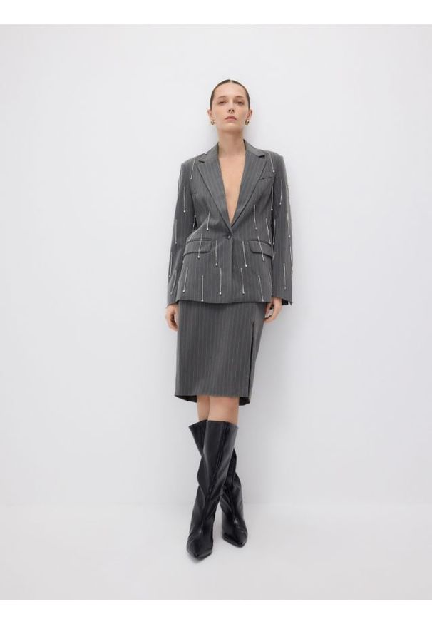 Reserved - Marynarka z ozdobną aplikacją - jasnoszary. Kolor: szary. Materiał: tkanina, wiskoza. Wzór: aplikacja