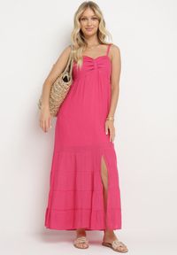 Born2be - Fuksjowa Sukienka z Bawełną na Regulowanych Ramiączkach z Elastyczną Gumką na Plecach Tinathias. Okazja: na spacer, na co dzień. Kolor: różowy. Materiał: bawełna. Długość rękawa: na ramiączkach. Sezon: lato. Typ sukienki: proste. Styl: casual, klasyczny #6