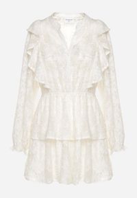 Born2be - Jasnobeżowa Rozkloszowana Sukienka Ozdobiona Falbankami z Gumką w Pasie Zinaviya. Okazja: na co dzień. Typ kołnierza: kołnierz z falbankami. Kolor: beżowy. Wzór: aplikacja. Typ sukienki: proste. Styl: casual, elegancki #2