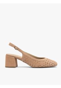Ryłko - Beżowe czółenka slingback bez pięty. Okazja: na co dzień. Kolor: różowy. Materiał: skóra, welur. Obcas: na obcasie. Styl: casual, street, klasyczny, elegancki. Wysokość obcasa: średni #1