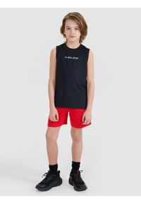 4f - Tank top sportowy szybkoschnący chłopięcy - czarny. Kolor: czarny. Materiał: syntetyk, materiał, elastan, włókno, dzianina. Wzór: jednolity, gładki, napisy, ze splotem. Sport: fitness