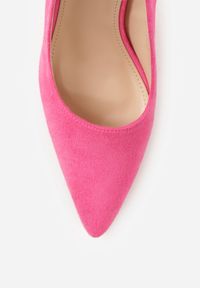 Born2be - Fuksjowe Czółenka na Obcasie z Metaliczną Wstawką i Paskiem Wokół Kostki Linnolira. Okazja: na co dzień. Zapięcie: pasek. Kolor: różowy. Materiał: satyna. Wzór: paski. Obcas: na obcasie. Styl: wizytowy, casual, elegancki. Wysokość obcasa: średni #9