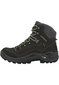 Buty turystyczne damskie Lowa Renegade GTX Mid. Wysokość cholewki: za kostkę. Zapięcie: sznurówki. Kolor: wielokolorowy, czarny, zielony. Materiał: materiał, skóra. Szerokość cholewki: normalna