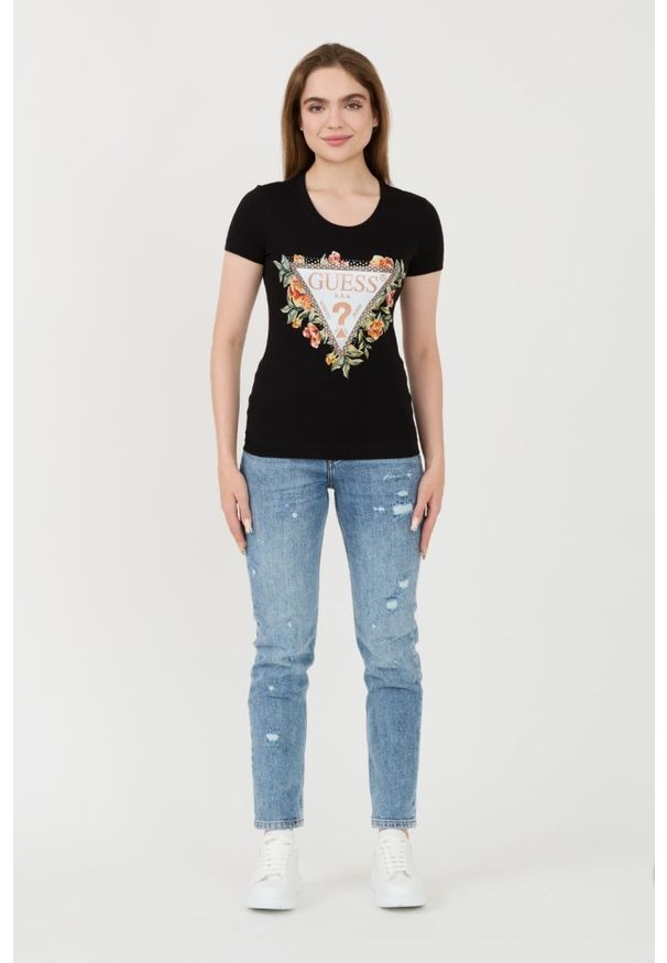 Guess - GUESS Czarny damski t-shirt Triangle Flowers, Rozmiar S. Kolor: czarny