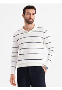 Ombre Clothing - Męski longsleeve polo w poziome paski z wiskozą – biało-granatowy V2 OM-POLS-0146 - XXL. Okazja: do pracy, na co dzień. Typ kołnierza: polo. Kolor: biały. Materiał: wiskoza. Długość rękawa: długi rękaw. Długość: długie. Wzór: paski. Styl: elegancki, casual #4