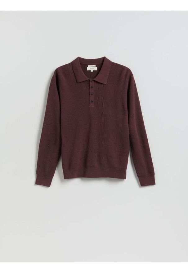 Reserved - Sweter polo z lnem - bordowy. Typ kołnierza: polo. Kolor: czerwony. Materiał: len