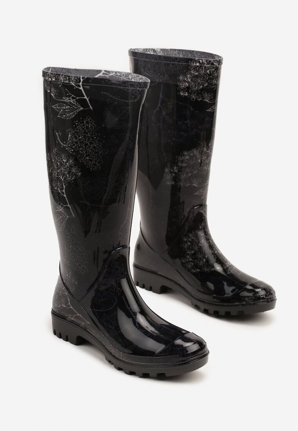Born2be - Czarne Klasyczne Kalosze Zdobione Roślinnym Printem Qurene. Okazja: na spacer. Kolor: czarny. Materiał: jeans. Wzór: nadruk, aplikacja. Styl: klasyczny