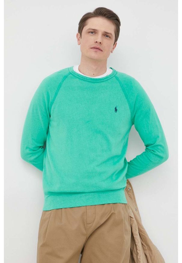 Polo Ralph Lauren bluza bawełniana męska kolor zielony gładka. Typ kołnierza: polo. Kolor: zielony. Materiał: bawełna. Długość rękawa: raglanowy rękaw. Wzór: gładki