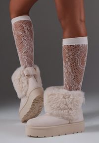 Renee - Beżowe Śniegowce z Cholewką za Kostkę Ocieplane z Futerkiem i Małą Kokardą Reinedia. Okazja: na co dzień, na spacer. Wysokość cholewki: za kostkę. Kolor: beżowy. Materiał: futro. Szerokość cholewki: normalna. Wzór: aplikacja. Sezon: jesień. Styl: casual #8