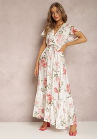 Renee - Biała Sukienka w Kwiaty o Kopertowym Kroju z Wiązanym Paskiem Iphene. Okazja: na randkę. Kolor: biały. Materiał: wiskoza. Wzór: kwiaty. Typ sukienki: kopertowe #5
