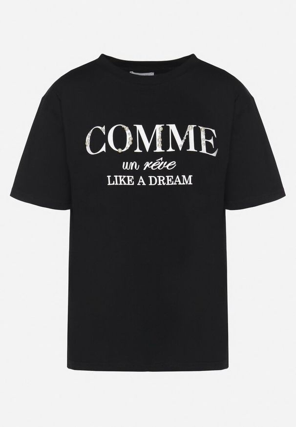 Born2be - Czarny T-shirt Bawełniany z Napisem Zinnalia. Okazja: na co dzień. Kolor: czarny. Materiał: bawełna. Wzór: napisy. Styl: casual