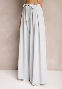 Renee - Jasnoniebieskie Szerokie Spodnie High Waist Zapinane na Suwak z Wiązaniem w Talii Vikonnia. Okazja: na co dzień. Stan: podwyższony. Kolor: niebieski. Styl: klasyczny, elegancki, casual