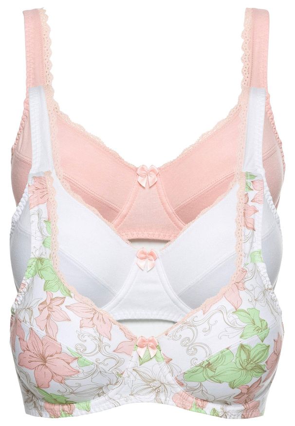 bonprix - Biustonosz bawełniany na fiszbinach (3 szt.). Kolor: biały. Materiał: bawełna. Wzór: aplikacja, nadruk, koronka, kwiaty