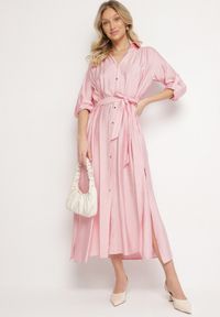 Born2be - Różowa Koszulowa Sukienka z Wiskozą i Paskiem Clesaura. Okazja: na co dzień, na imprezę. Typ kołnierza: dekolt w serek. Kolor: różowy. Materiał: wiskoza. Długość rękawa: długi rękaw. Typ sukienki: koszulowe. Styl: klasyczny, casual #5