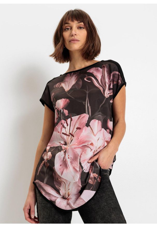 bonprix - T-shirt z nadrukiem, z miękkiej mieszanki wiskozy. Kolor: czarny. Materiał: wiskoza. Wzór: nadruk