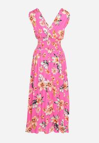 Born2be - Różowa Sukienka w Kwiaty z Gumką w Pasie i Kopertowym Dekoltem Ściągana na Ramionach Saseria. Kolor: różowy. Wzór: kwiaty. Sezon: lato. Typ sukienki: kopertowe #5