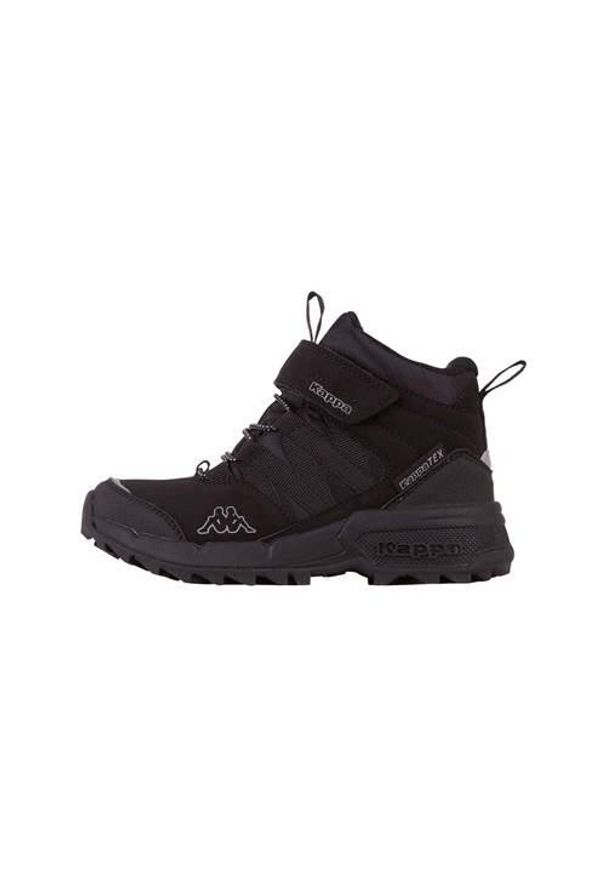 Buty do chodzenia dla dzieci Kappa Thabo Tex K. Wysokość cholewki: za kostkę. Zapięcie: rzepy. Kolor: czarny. Materiał: materiał, syntetyk. Szerokość cholewki: normalna. Sezon: zima. Sport: turystyka piesza