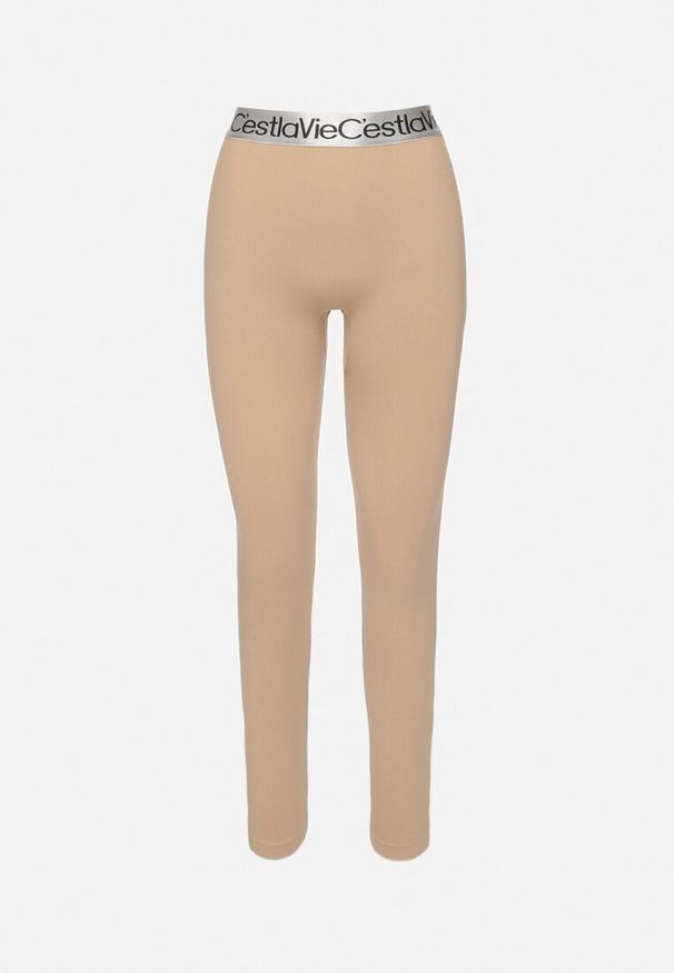 Born2be - Beżowe Elastyczne Legginsy z Szeroką Gumą w Pasie Rindama. Kolor: beżowy. Materiał: guma. Styl: sportowy