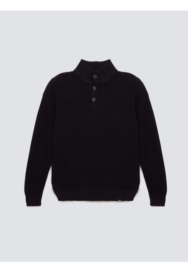 Big-Star - Sweter męski ze stójką czarny Neroni 906. Okazja: na co dzień. Typ kołnierza: kołnierzyk stójkowy. Kolor: czarny. Materiał: materiał, dzianina. Wzór: ze splotem, aplikacja. Styl: elegancki, casual