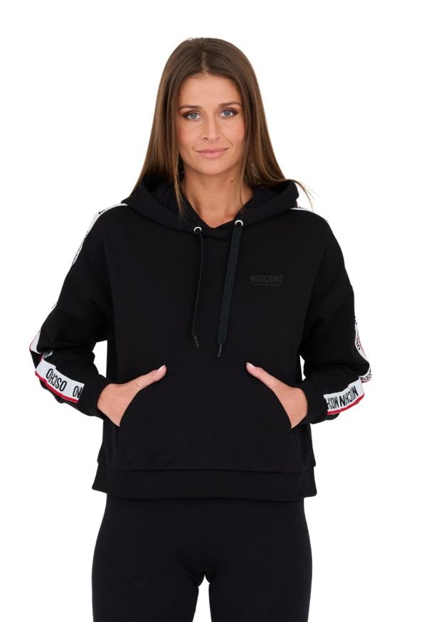 MOSCHINO Czarna bluza z kapturem i lampasami. Typ kołnierza: kaptur. Kolor: czarny