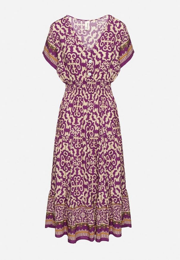 Born2be - Ciemnofioletowa Bawełniana Sukienka z Gumką w Talii i Guzikami Natiflione. Okazja: na co dzień. Typ kołnierza: dekolt w kształcie V. Kolor: fioletowy. Materiał: bawełna. Typ sukienki: rozkloszowane, oversize. Styl: casual, klasyczny, elegancki