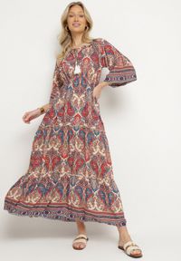 Born2be - Czerwona Rozkloszowana Sukienka Bawełniana we Wzór Paisley z Chwostami Elliassa. Okazja: na co dzień. Kolor: czerwony. Materiał: bawełna. Wzór: paisley. Styl: casual
