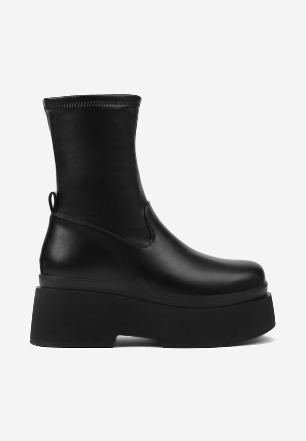 Renee - Czarne Botki na Platformie z Dopasowaną Cholewką Elloma. Okazja: na co dzień. Kolor: czarny. Materiał: jeans, skóra. Szerokość cholewki: normalna. Obcas: na platformie. Styl: casual