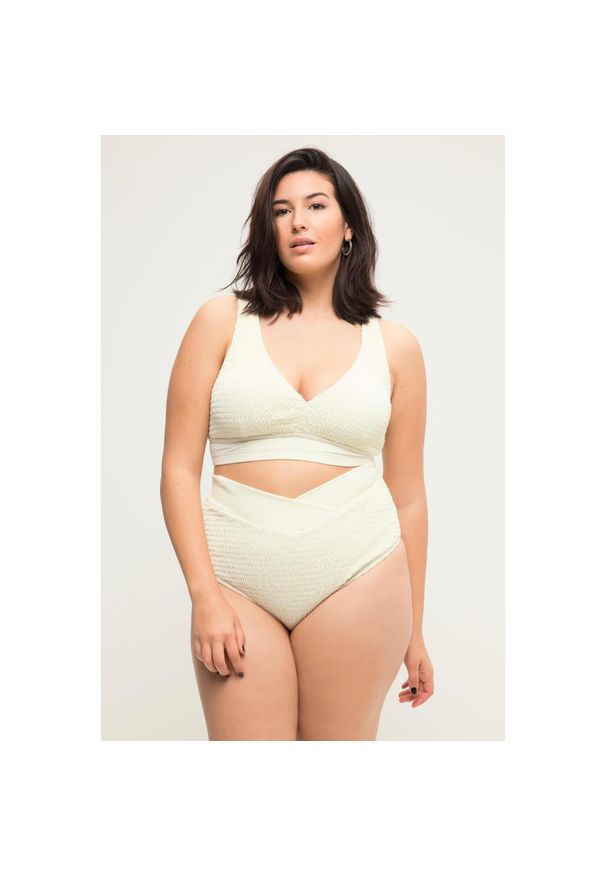 ULLA POPKEN - Damskie Figi bikini faktura wysoki stan pas w kopertowym stylu. Stan: podwyższony. Kolekcja: plus size. Kolor: beżowy. Materiał: poliester, elastan, poliamid, materiał