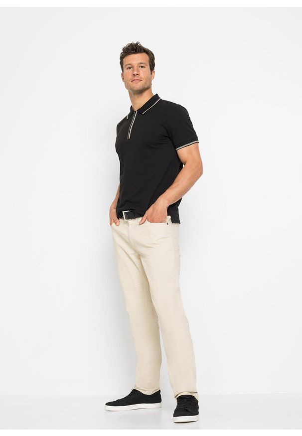 bonprix - Koszulka polo z zamkiem z bawełnianej piki. Typ kołnierza: polo. Kolor: czarny. Materiał: bawełna. Wzór: gładki