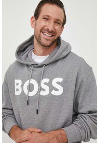 BOSS Orange - BOSS bluza bawełniana BOSS ORANGE męska kolor szary z kapturem z nadrukiem. Typ kołnierza: kaptur. Kolor: szary. Materiał: bawełna. Wzór: nadruk #6